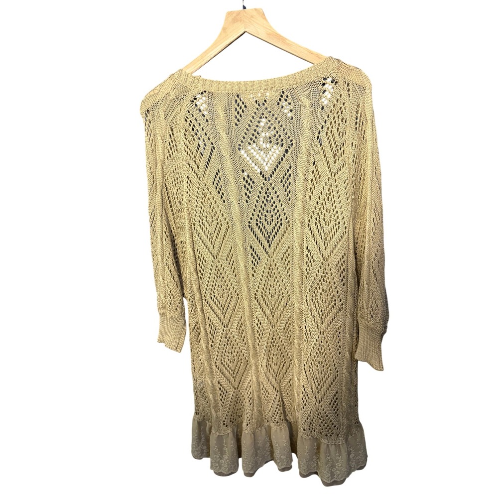 A'reve Tan Crochet Lace Trim Cardigan Sweater Bohemian Pointelle Knit Tan M/L - Picture 2 of 5